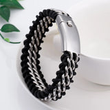 QDBAR 8.66inch Silver Color Stainless Steel Leather Bracelet Men 18MM Wide Wristband Dropshipping Gift