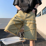 QDBAR American High Street Men's Wide Leg Denim Shorts Summer 2024 New Fashion Casual Baggy Short Jeans Male Chic Burrs Clothes