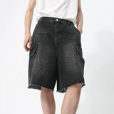 QDBAR Men's Denim Shorts Knee Length Korean Style Big Pocket Design Washed Overalls Casual Zipper Loose Male Jeans New 9C5738