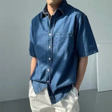 QDBAR Vintage Y2K Mens Denim Shirts Solid Color Loose Short Sleeve Casual Shirt Summer Mens Streetwear Fashion Turn-down Collar Tops