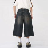 QDBAR Korean Style Vintage Men's Jeans Summer Loose Male Wide Leg Knee Length Shorts 2024 New Washed Fashion Denim Trouser 9A8825