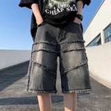 QDBAR American High Street Men's Wide Leg Denim Shorts Summer 2024 New Fashion Casual Baggy Short Jeans Male Chic Burrs Clothes