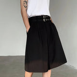 QDBAR 2024 Summer Men's Five-point Shorts Casual Straight Double Belt Design High-waisted Black New Male Clothing Wide Leg 9C5517