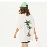 QDBAR Summer personalized national fashion American retro street coconut tree beach floral short-sleeved T-shirt ins for men and women