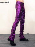 QDBAR Purple Green Shiny Reflective Skinny Stretchy Faux Leather Stacked Pants for Men Sexy Latex Trousers Y2K Streetwear