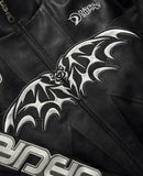 QDBAR Streetwear Leather Jacket Mens Harajuku Punk Bat Graphics Embroidered Oversized Coat Goth Black Bomber Motorcycle Zipper Jacket