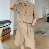 QDBAR Single Breasted Shirt And Belted Shorts Set