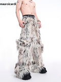 QDBAR Autumn Winter Long Colorful Thick Warm Hairy Fluffy Faux Fur Wide Leg Pants Men Pockets Runway Fashion Streetwear