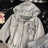 QDBAR Retro Personality Street Fashion Cat Ear Hoodie Women Y2k Goth Harajuku Retro All-match Casual Loose Oversized Zipper Sweatshirt