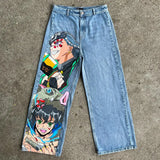 QDBAR Harajuku y2k baggy jeans blue eyes white dragon print wide leg denim pants popular anime jeans streetwear trouser men clothing