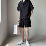 QDBAR Waffle Lapel Polo Shirt Shorts Set