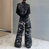 QDBAR Retro Ink Waistcoat Wide-leg Pants Suit