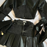 QDBAR Y2K Denim Spliced Leather Black Skirt Suit Harajuku Slim Pleated Skirt Gothic Zipper Long Sleeved Jacket Autumn Two Piece Sets