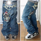 QDBAR 90s Streetwear Gothic Hip Hop Skull Embroidery Jeans for Men Casual Y2k High Waist Wide Leg Baggy Jeans Retro Straight Denim Pants Streetwear