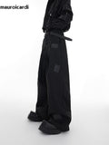 QDBAR Spring Autumn Long Black Loose Casual Pu Leather Patchwork Wide Leg Pants Men High Waist Luxury Designer Clothes