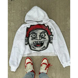 QDBAR 2025 American Pullover Sweatshirt Big Head Cartoon Print Oversized Loose Hoodie Y2k Sweatshirt Women’s Fashion Street Wear