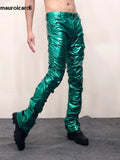 QDBAR Purple Green Shiny Reflective Skinny Stretchy Faux Leather Stacked Pants for Men Sexy Latex Trousers Y2K Streetwear