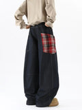 QDBAR 90s Streetwear New American Style Splicing Plaid Washed Cargo Pants Women Retro Wide Leg High Waisted Baggy Jeans Women Hip Hop Denim Pants