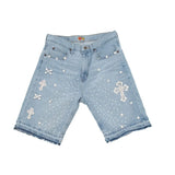 QDBAR Streetwear Rhinestone Rivet Denim Shorts Harajuku Hip Hop Cross Diamond Light Blue Shorts Gothic Casual Fashion Pants Men Women