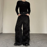 QDBAR Dark Plush Patchwork Denim Wide-leg Pants