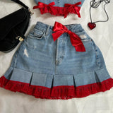 QDBAR Y2K New Fashion Outfits Denim Skirt Suit Harajuku Sexy Bow Slim Tube Tops Low Waist Mini Skirt Goth Kawaii Womens Clothing