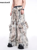 QDBAR Autumn Winter Long Colorful Thick Warm Hairy Fluffy Faux Fur Wide Leg Pants Men Pockets Runway Fashion Streetwear