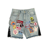 QDBAR Streetwear Light Blue Denim Shorts Men Women Harajuku Cartoon Graphic Patch Loose Pants Gothic Pockets Embroidered Sports Shorts