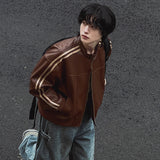 QDBAR Spring Autumn Cool Handsome Short Maillard Style Brown Pu Leather Racker Jacket Men Loose Casual Korean Fashion 2025