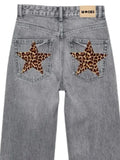 QDBAR Harajuku Leopard Print Five Jeans Y2K Mens Pointed Star Graphic American Retro Blue Baggy Jeans Pants High Waist Slim Trousers