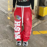 QDBAR Y2K Red Double Waist Sweatpants Harajuku Letter Graphic Patch Baggy Trousers Men Women Clothing Gothic Jogger Pants Streetwear