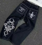 QDBAR Y2K Hip Hop Punk Low Rise Jeans Men Women Harajuku Letter Graphic Print Oversized Ripped Pants Gothic Double Waisted Trousers