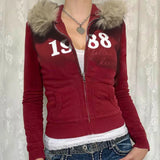 QDBAR American Y2K letter embroidered cardigan zipper high quality burgundy oversized hoodies women winter 2025 new street casual tops