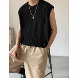 QDBAR Pleated Texture Casual Crew Neck Tank Top