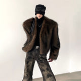 QDBAR Spring Winter Short Thick Warm Hairy Shaggy Grey Faux Fur Coat Men V Neck Long Sleeve Cool Handsome Fluffy Jacket