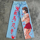 QDBAR Harajuku y2k baggy jeans blue eyes white dragon print wide leg denim pants popular anime jeans streetwear trouser men clothing