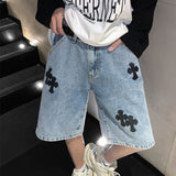 QDBAR American cross-print denim shorts men's summer thin Hong Kong style loose trousers trendy brand retro casual mid-pants y2k tops