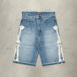 QDBAR 2025 Summer Denim Shorts Hip Hop Y2K Men Women Goth Letter Print Retro Blue Denim Shorts Street Wear