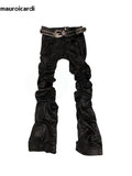 QDBAR Spring Autumn Long Fitted Skinny Matte Black Pu Leather Ruched Stacked Pants Men Luxury Designer Clothing Trousers