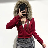 QDBAR American Y2K letter embroidered cardigan zipper high quality burgundy oversized hoodies women winter 2025 new street casual tops