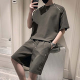 QDBAR Zip Trim Short Sleeves Shorts Casual Two-Piece Suits