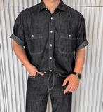 QDBAR No. 11406 Black Denim Button-Up Shi& Straight Pants 2024 New