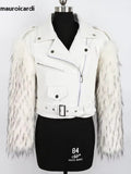 QDBAR Winter Short Thickened Warm Soft Fluffy Black Patchwork Pu Leather Biker Jacket with Faux Fur Inside and Sleeves