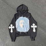 QDBAR Y2K New Zipper Hoodie Men Women Harajuku Cross Character Graphic Print Black Sweatshirt Goth Sweatshirt Long Sleeved Tops Jacket