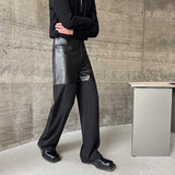 QDBAR Contrast Color Leather Straight Leg Pants