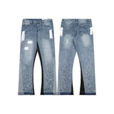 QDBAR American retro jeans, personalized raw edges trendy midline splicing YK2 blue embroidery, hip-hop wide-leg jeans for street wear