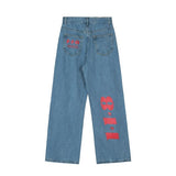 QDBAR 90s Streetwear Hip Hop Casual Baggy Jeans Letter Print Y2k Jeans Men Oversize Straight Retro Blue Jeans for Women Loose Harajuku Streetwear