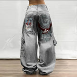 QDBAR New American Retro Washed Loose Jeans Female Y2K High Street Harajuku Do Old Personalized Pattern Straight Pants Street Clothes