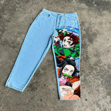 QDBAR Harajuku y2k baggy jeans blue eyes white dragon print wide leg denim pants popular anime jeans streetwear trouser men clothing