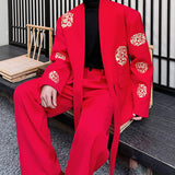 QDBAR 2024 Fall Fashion Retro Cirrus Embroidered Red Suit Jacket Wide-leg Trousers Two-piece Set