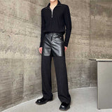 QDBAR Contrast Color Leather Straight Leg Pants